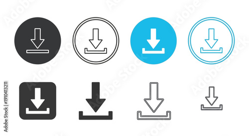 Set of download icons in various styles and colors displayed on a clean white background from a straightforward frontal viewpoint