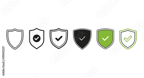Collection of various shield icons in different styles and colors displayed in a row on a clean background