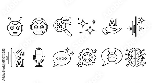 Collection of Artificial Intelligence and Technology Icons in Minimalist Style, Representing Various Concepts and Ideas