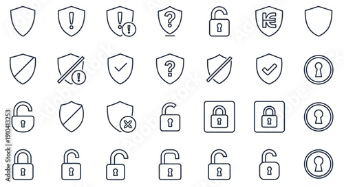 Collection of security icons including shields and locks displayed in a grid layout on a simple background
