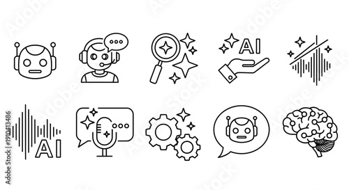 Collection of artificial intelligence icons representing various concepts and technologies in a simple line art style