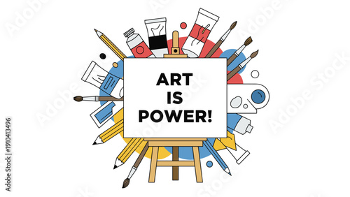 White canvas on a wooden easel with the text art is power surrounded by various brushes, paints, and creative art supplies.