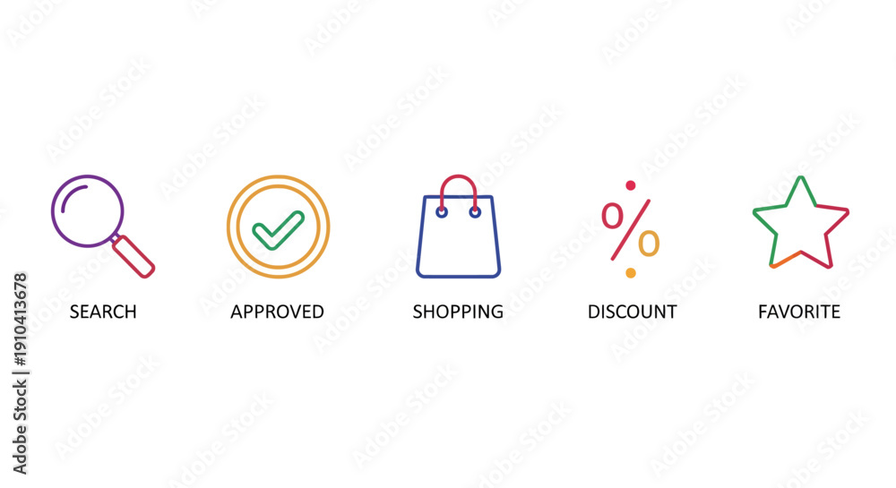 Obraz premium Collection of colorful icons representing online shopping and search functionality on a clean background