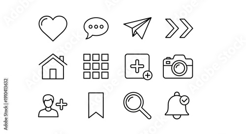 Collection of simple line icons representing various actions and objects displayed on a clean white background from a straightforward viewpoint