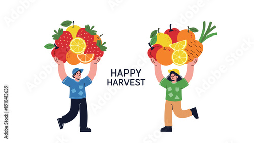 Man and woman running happily while carrying large piles of diverse fruits and vegetables with the text happy harvest.