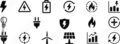 Electricity energy icons, renewable power symbols, battery, plug, solar panel, wind energy vector set for clean energy illustrations