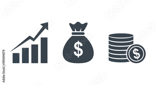 Financial growth illustration featuring money bag, coins, and increasing graph icons in a simple graphic design