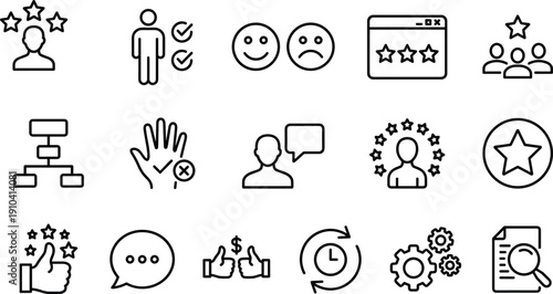 Evaluation and feedback icons set, performance review and quality assurance concept, business process illustration, cad drawing flat vector illustration