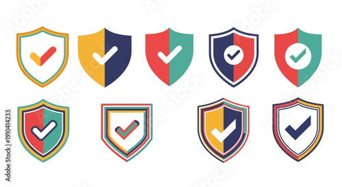Collection of colorful shield icons with checkmarks in various designs and layouts Free Download Collection of colorful shield icons with checkmarks in various designs and layouts - GFXLoad