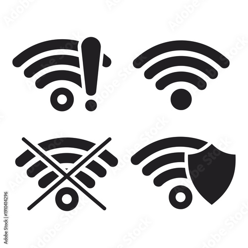 WiFi signal icons with exclamation shield and prohibition symbols icon