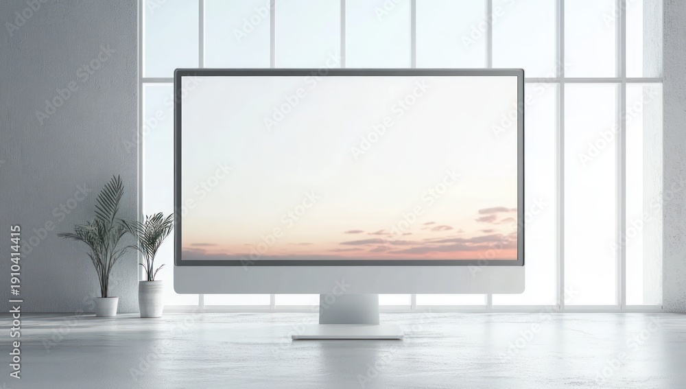 Fototapeta premium Widescreen desktop monitor centered before tall grid windows with two potted palms and a pastel sunrise on screen, minimalist bright and serene workspace