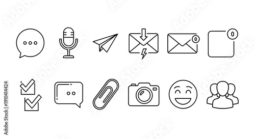 Modern line art icons for digital communication, social media, and app interfaces, featuring chat, microphone, mail, camera, and notification symbols