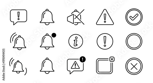 Set of notification icons for alerts, messages, and warnings, including bells, exclamation marks, and checkmarks for various applications