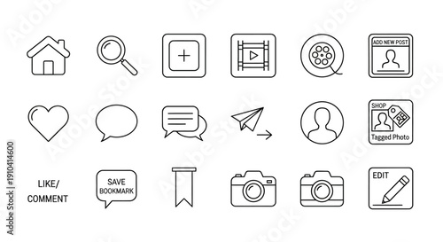 Collection of social media and website icons in a clean, modern line art style for digital design applications and user interface elements