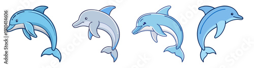 Four jumping dolphins vector icon set, blue ocean wildlife, playful marine mammals, flat design illustration for web and print