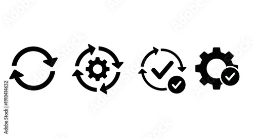 Set of Four Circular Arrows and Gear Icons Representing Workflow, Process, and Efficiency