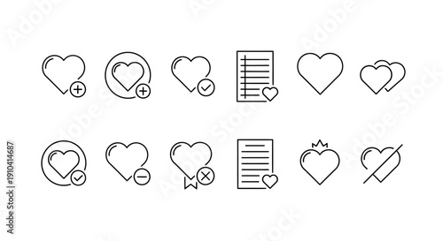 Modern collection of outline heart icons for user interface design, representing likes, favorites, additions, removals, and wishlists, ideal for web and mobile applications