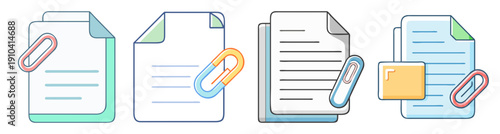 Colorful vector icons of paperclips holding documents and files for office organization and productivity