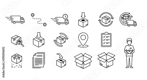 Comprehensive collection of line art icons depicting various stages of delivery, shipping, logistics, tracking, and packaging for modern e-commerce and transportation services