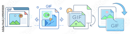 Vector GIF file format icon set with upload download transfer arrows and cloud storage symbols isolated on white background
