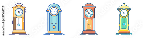 Set of four colorful vintage grandfather clocks vector icons isolated on white background for time and decor