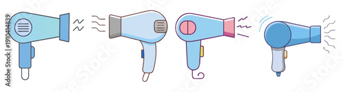 Set of four blue hair dryers vector icons isolated on white background with wind motion effects and power buttons