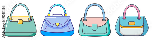 Set of four stylish vector handbag icons in teal, blue, mint, and white with gold accents for fashion design and shopping apps