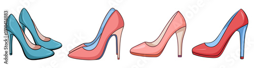 Set of four stylish high heel shoes vector icons in teal, red, and pink colors for fashion and retail design