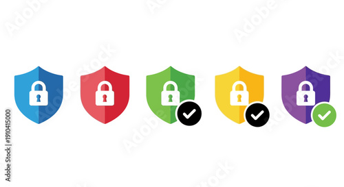 Set of colorful security shield icons with padlock and checkmark symbols, representing protection, safety, and verification across various applications and services