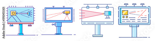 Modern digital advertising vector icons set with laser billboards, holograms, and interactive screens for futuristic marketing campaigns