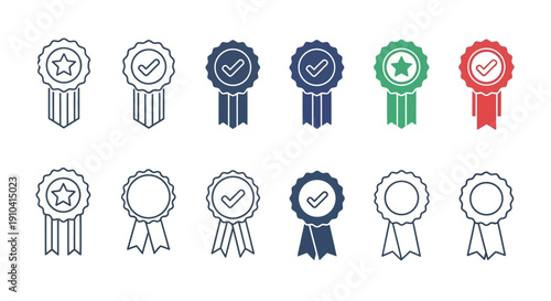 Collection of diverse vector achievement badges and quality guarantee ribbons, perfect for certification, award, and approval branding elements with a clean design