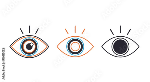 Collection of stylized eye icons in clean line art, symbolizing vision, perception, observation, and digital focus for modern user interface or web design elements. 