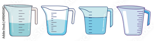 Set of four blue plastic measuring cups vector icon isolated on white background for kitchen cooking baking