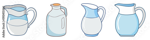 Set of four blue and white milk jugs and pitchers vector icons isolated on transparent background for dairy products and kitchen design