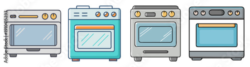 Set of modern kitchen ovens vector icons isolated on white background with stainless steel and colorful designs