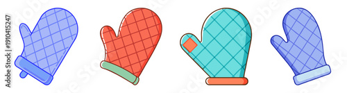 Set of four colorful vector oven mitts icons isolated on white background for kitchen cooking safety and baking