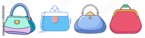 Set of four colorful vector handbags icons isolated on white background, flat design shopping accessories, fashion purse collection illustration