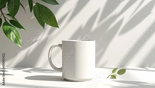 White Mug Mockup Bathed in Sunlight and Greenery