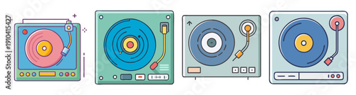 Colorful vintage vector record player icons set with vinyl discs and sound waves in flat design style for music apps and retro themes