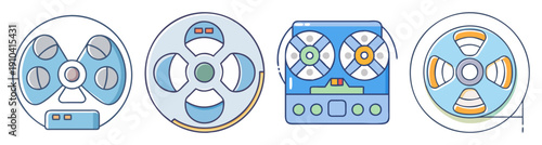 Colorful vintage reel to reel tape vector icons set isolated on blue background creative design elements for music audio technology retro media
