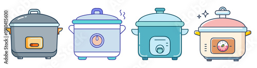 Set of 4 modern kitchen electric slow cookers vector icons with steam and food cooking appliances isolated on white background