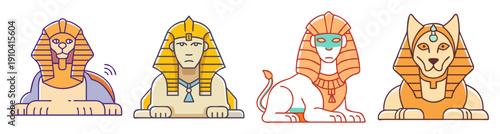 Colorful vector icons of Egyptian sphinxes in sitting poses with pharaoh headdress and animal features isolated on white background
