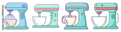 Set of 5 modern stand mixers vector icons in blue and red colors for kitchen appliances and baking design