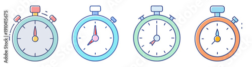 Set of four colorful vector stopwatch icons with alarm hands in flat design for time management and productivity