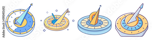 Vector sundial icons set with gnomon shadow showing time progression in flat design style isolated on blue background