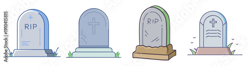 Vector gravestone icons set with RIP text in cemetery scene flat design funeral memorial tombstones isolated