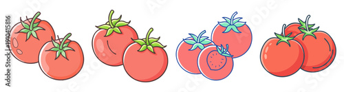 Fresh ripe red tomatoes vector icon set with leaves and water droplets isolated on white background