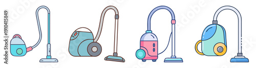 Set of colorful vector vacuum cleaner icons isolated on white background for cleaning services and home appliances