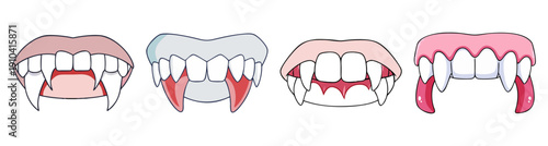 Vector icon set of cartoon vampire teeth progression with red gums and sharp fangs isolated on white background