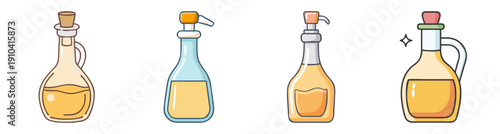 Set of four vector vinegar bottles icons isolated on white background with golden caps and liquid fill